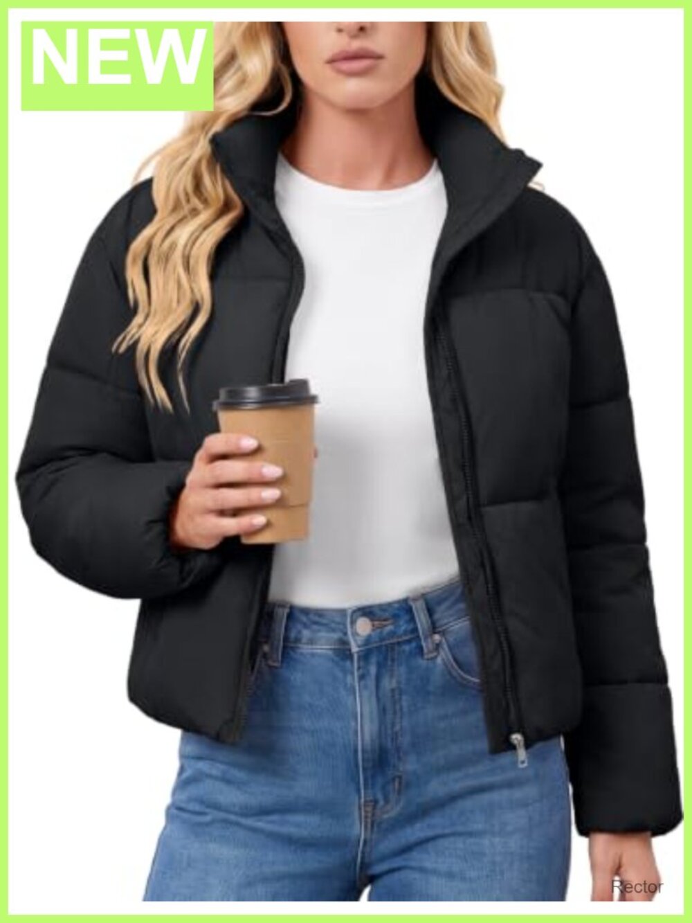Cropped Quilted Puffer Jacket Stand Collar Zip Winter Coat